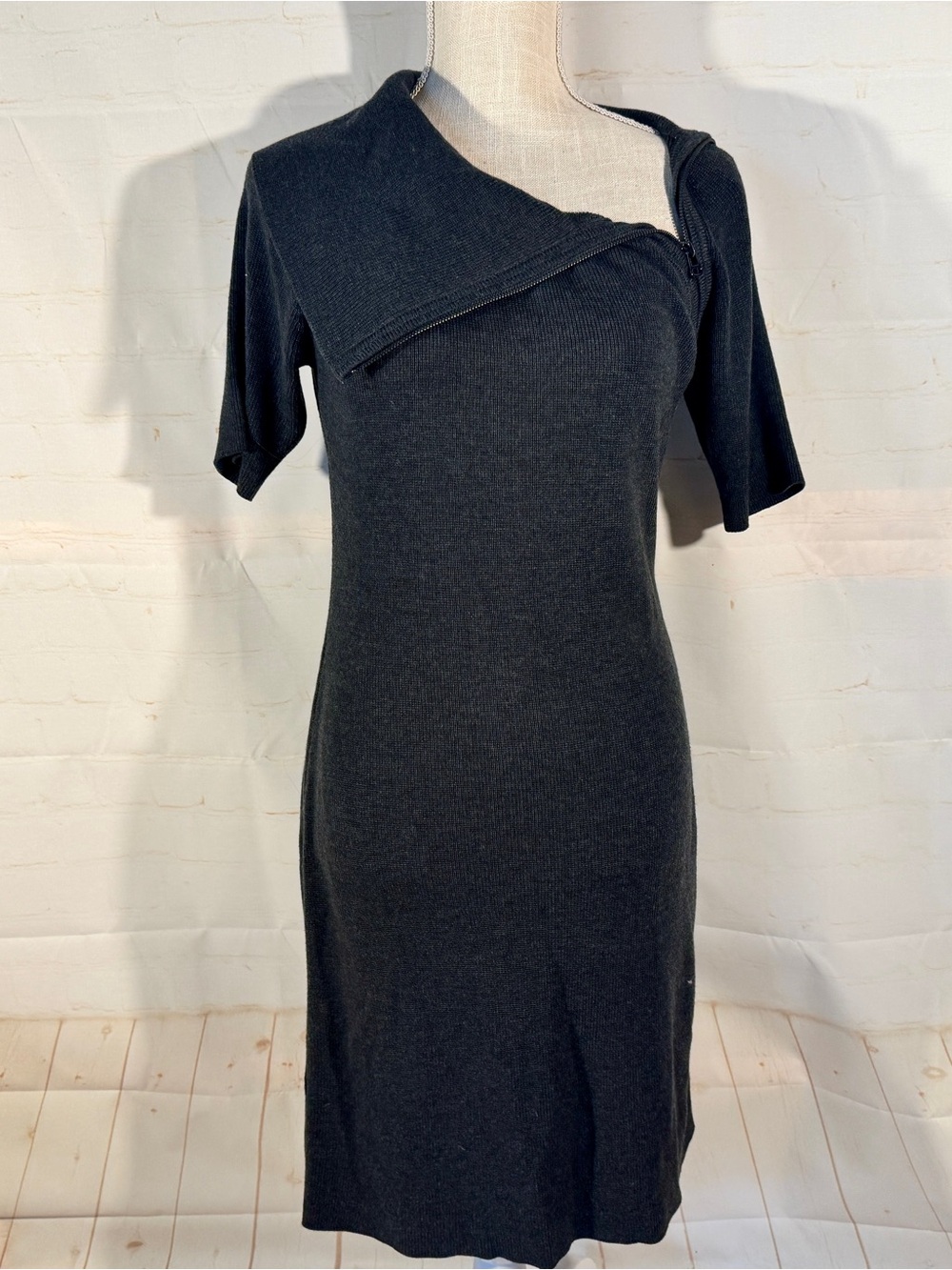 Calvin Klein Sweater Dress Zippered Shoulder Dark Gray Fitted Stretch S